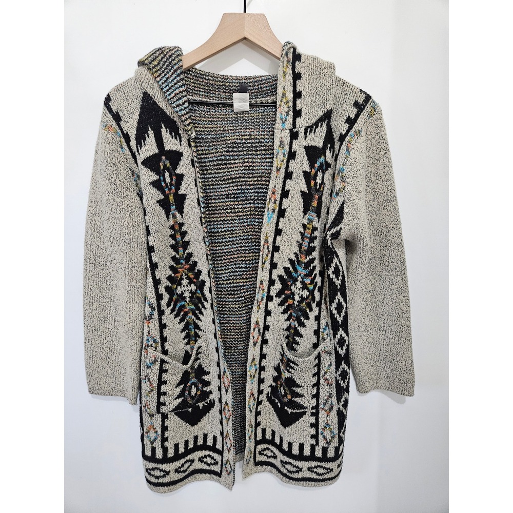 Pinklicious Southwestern Hooded Cardigan Sweater Geometric Boho Cream Black S/M